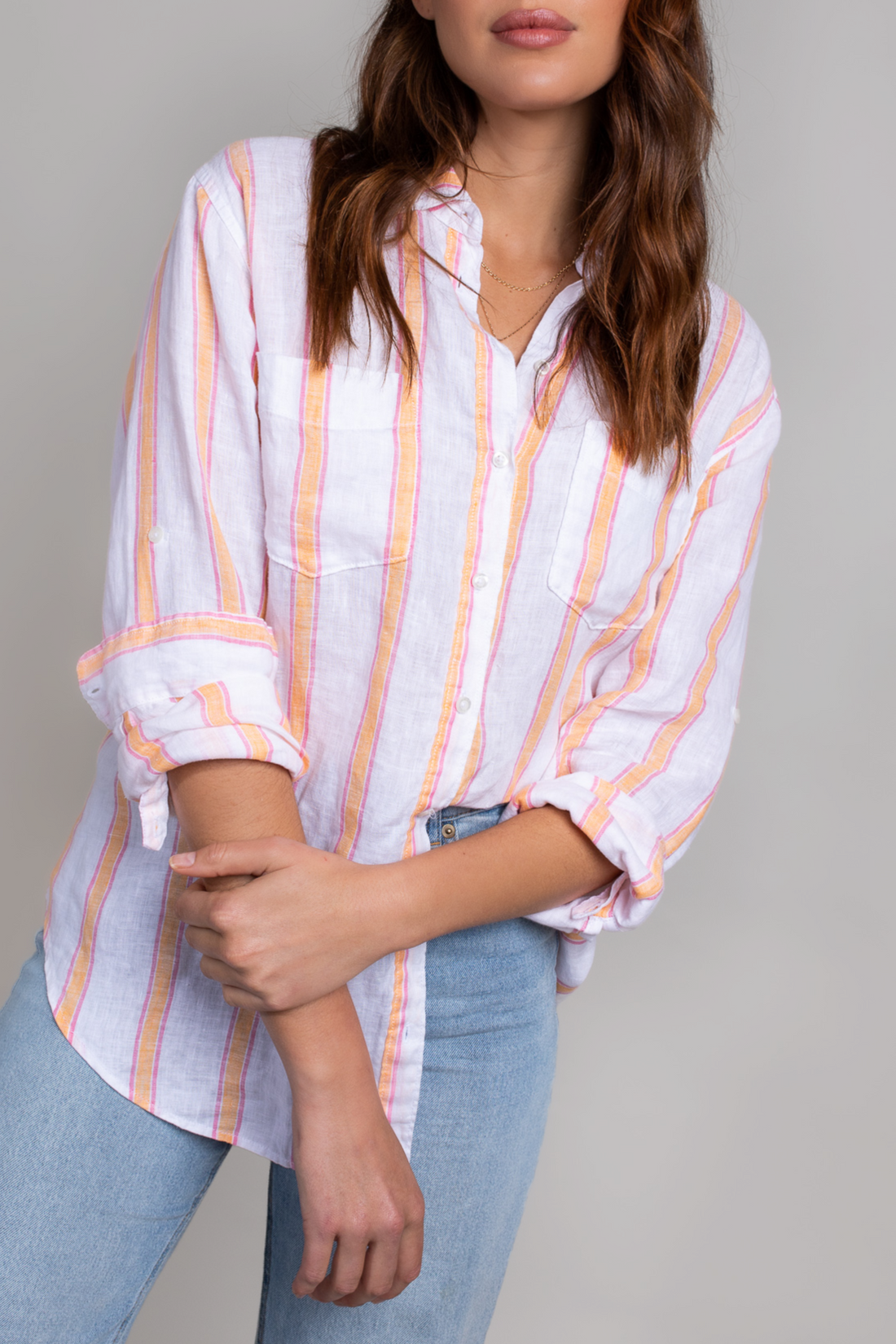 Orange/Pink Stripe Boyfriend Linen Shirt