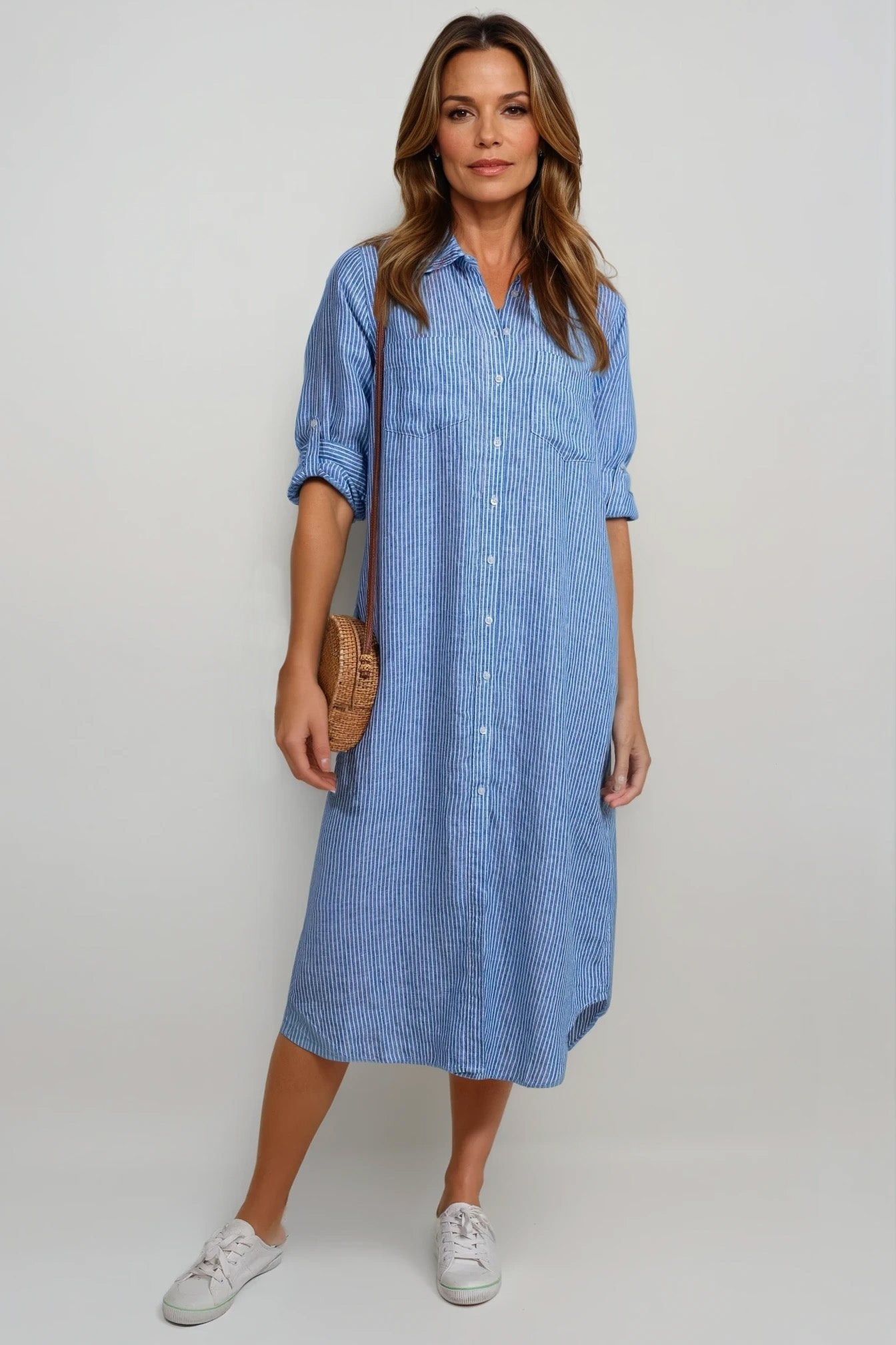 Boyfriend Linen Shirtdress Navy Electric Blue Stripe