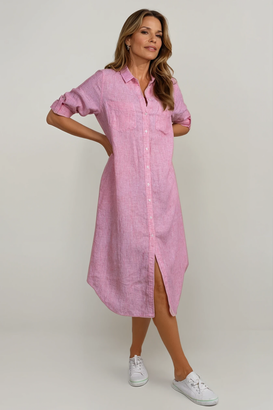 Boyfriend Linen Shirtdress Navy Watermelon Stripe