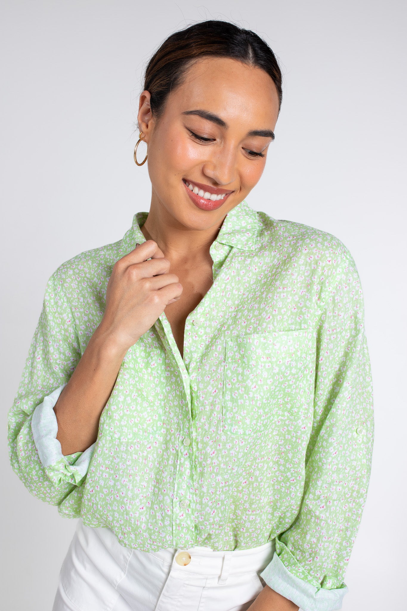 Green Ditsy Boyfriend Linen Shirt