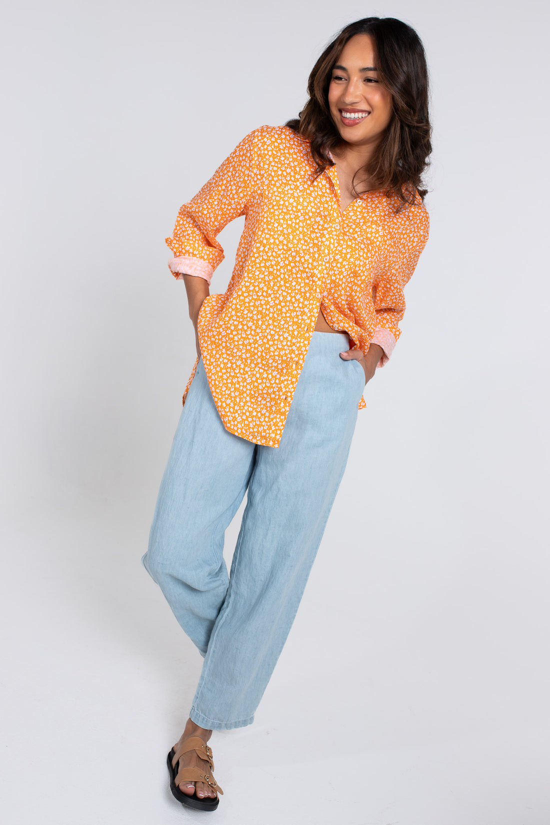 Orange Ditsy Boyfriend Linen Shirt