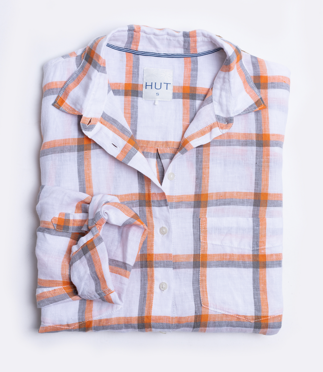 White with Orange and Silver Check Boyfriend Linen Shirt