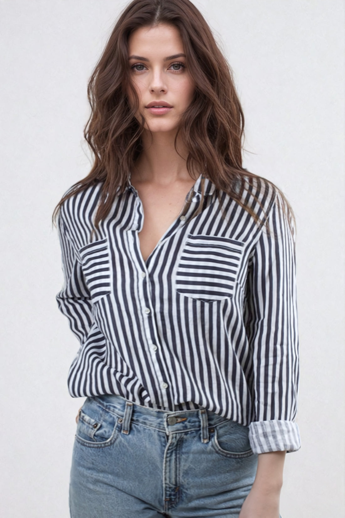 Navy and White Stripe Linen Regular Fit Shirt
