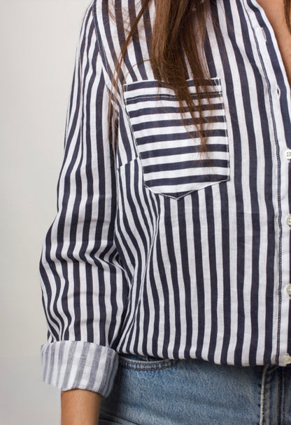 Navy and White Stripe Linen Regular Fit Shirt