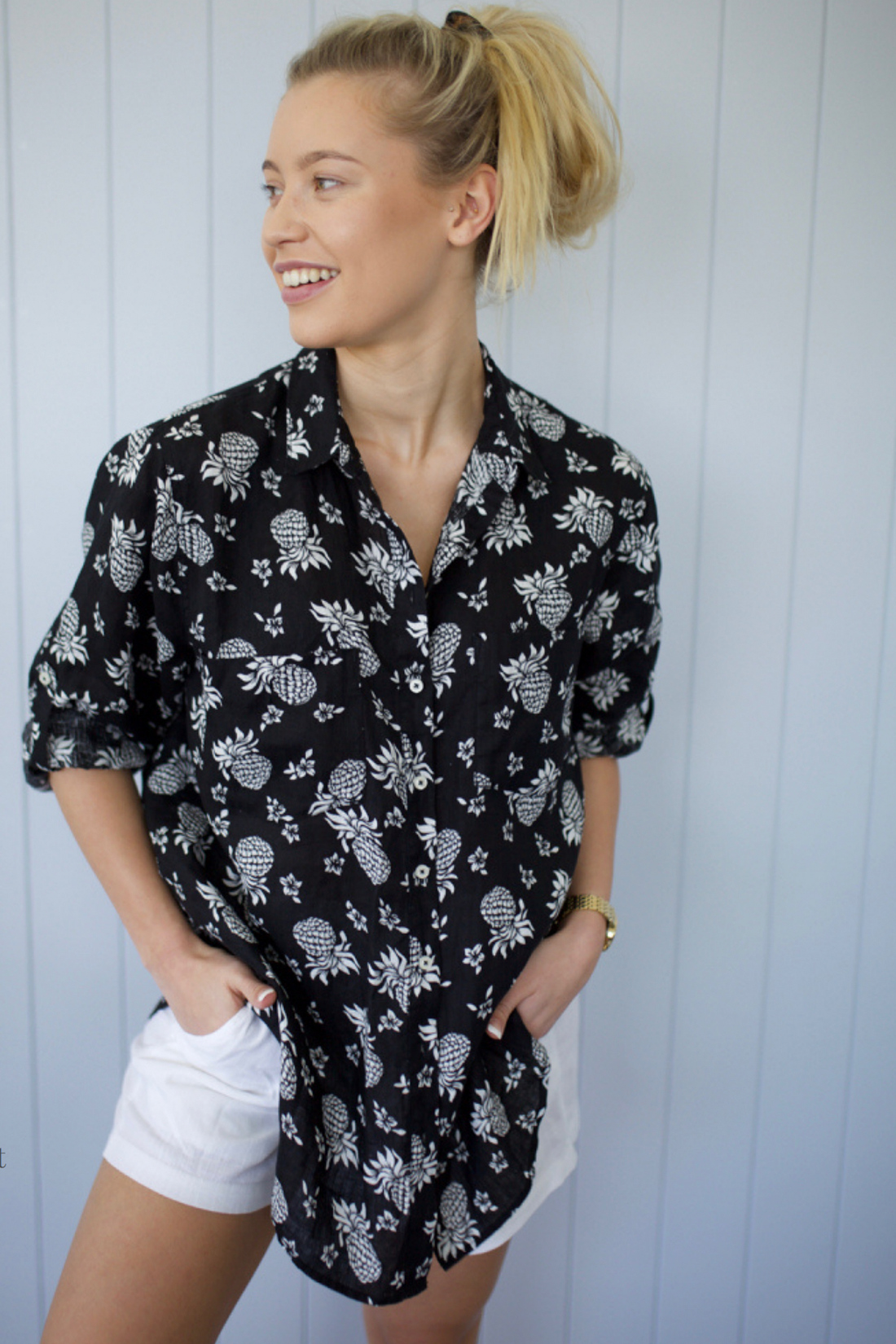 Black and White Pineapple Boyfriend Linen Shirt