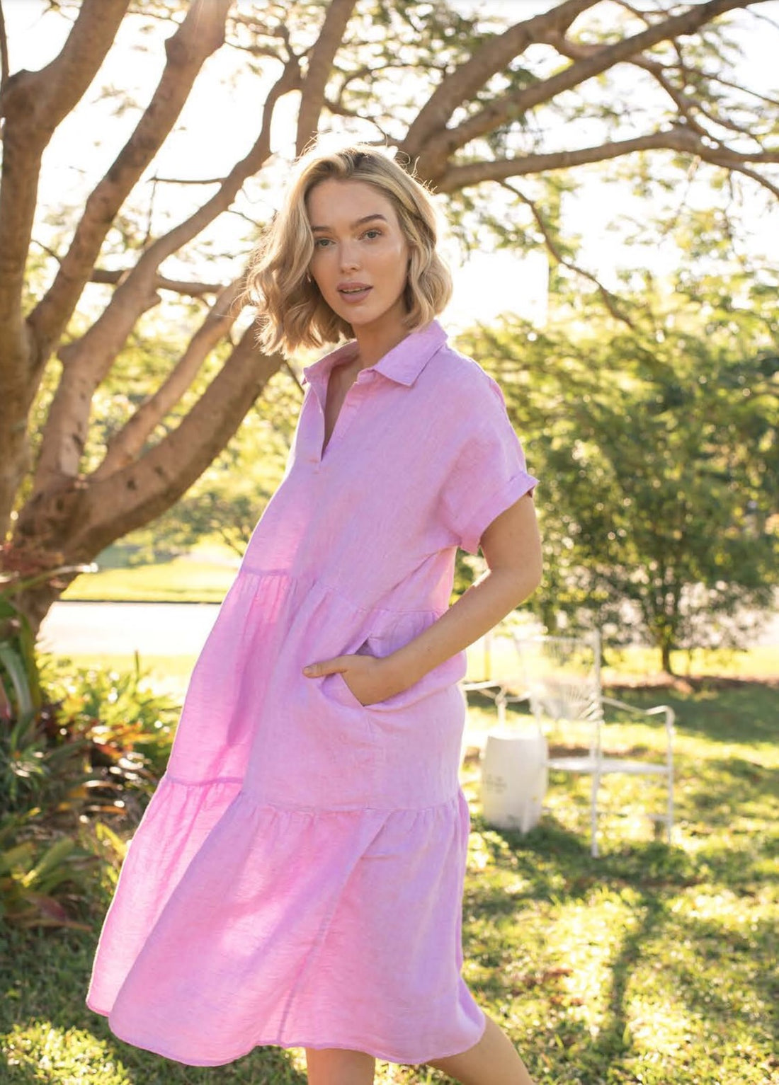 Musk Pink Linen Tiered Dress