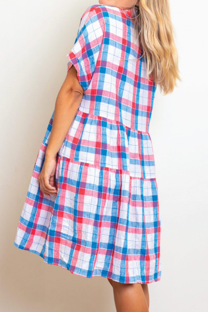 Red and White Plaid Ruffle Neck Dress