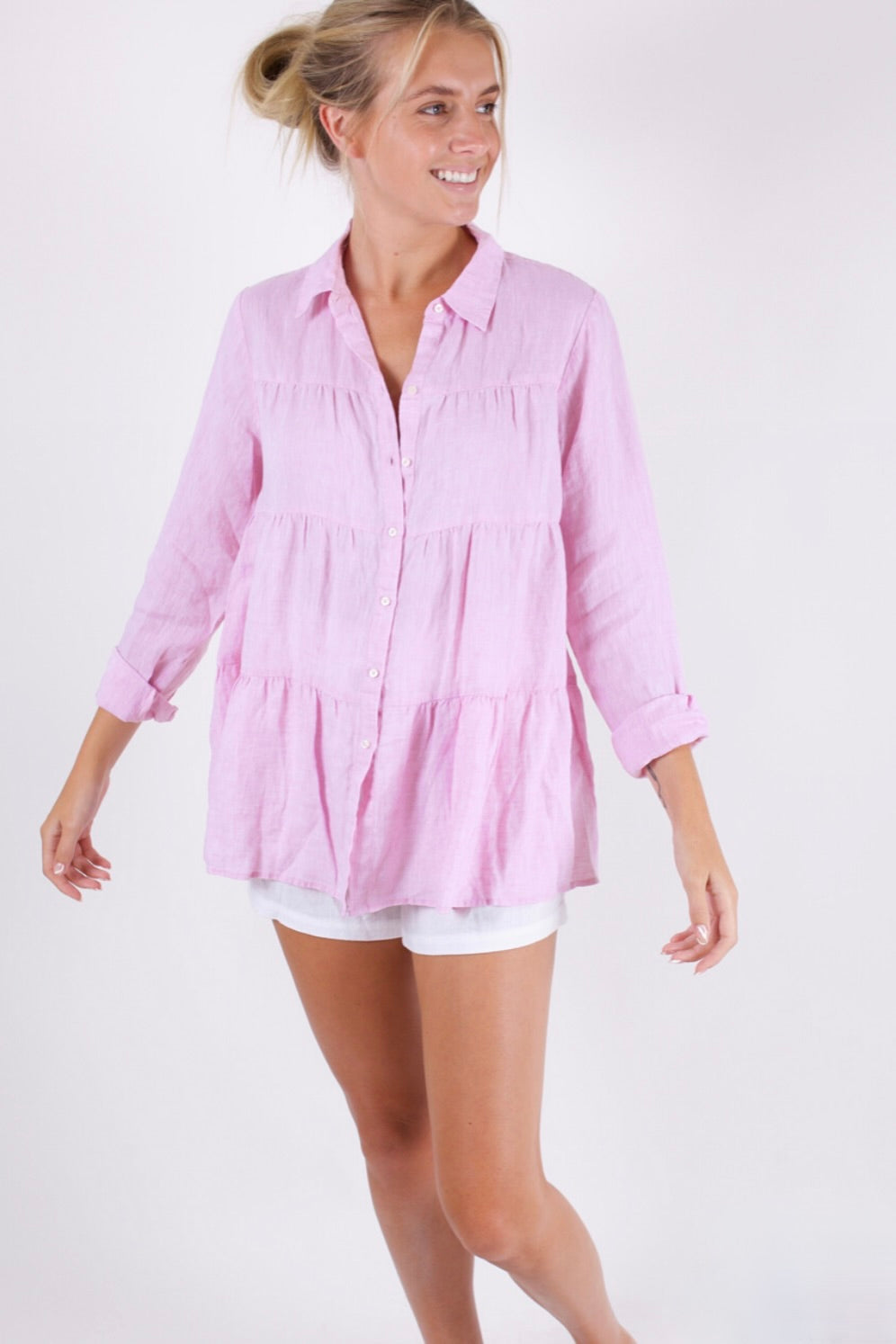 Musk Pink Tiered Linen Shirt