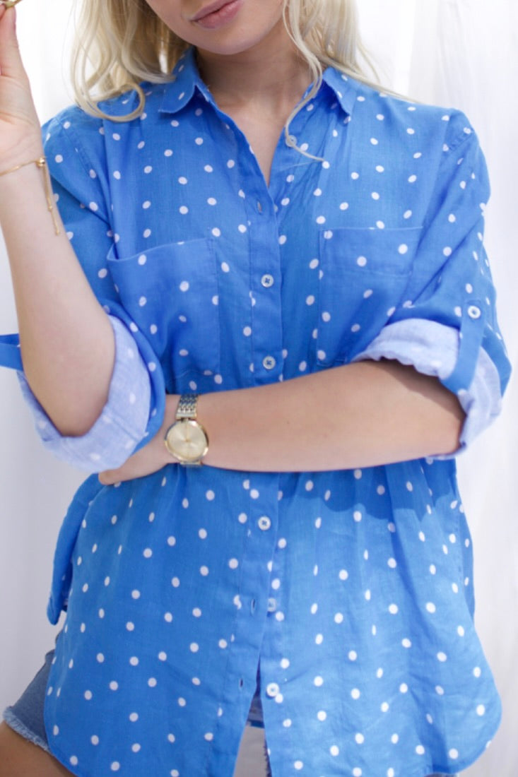 Malibu and White Printed Spot Boyfriend Linen Shirt