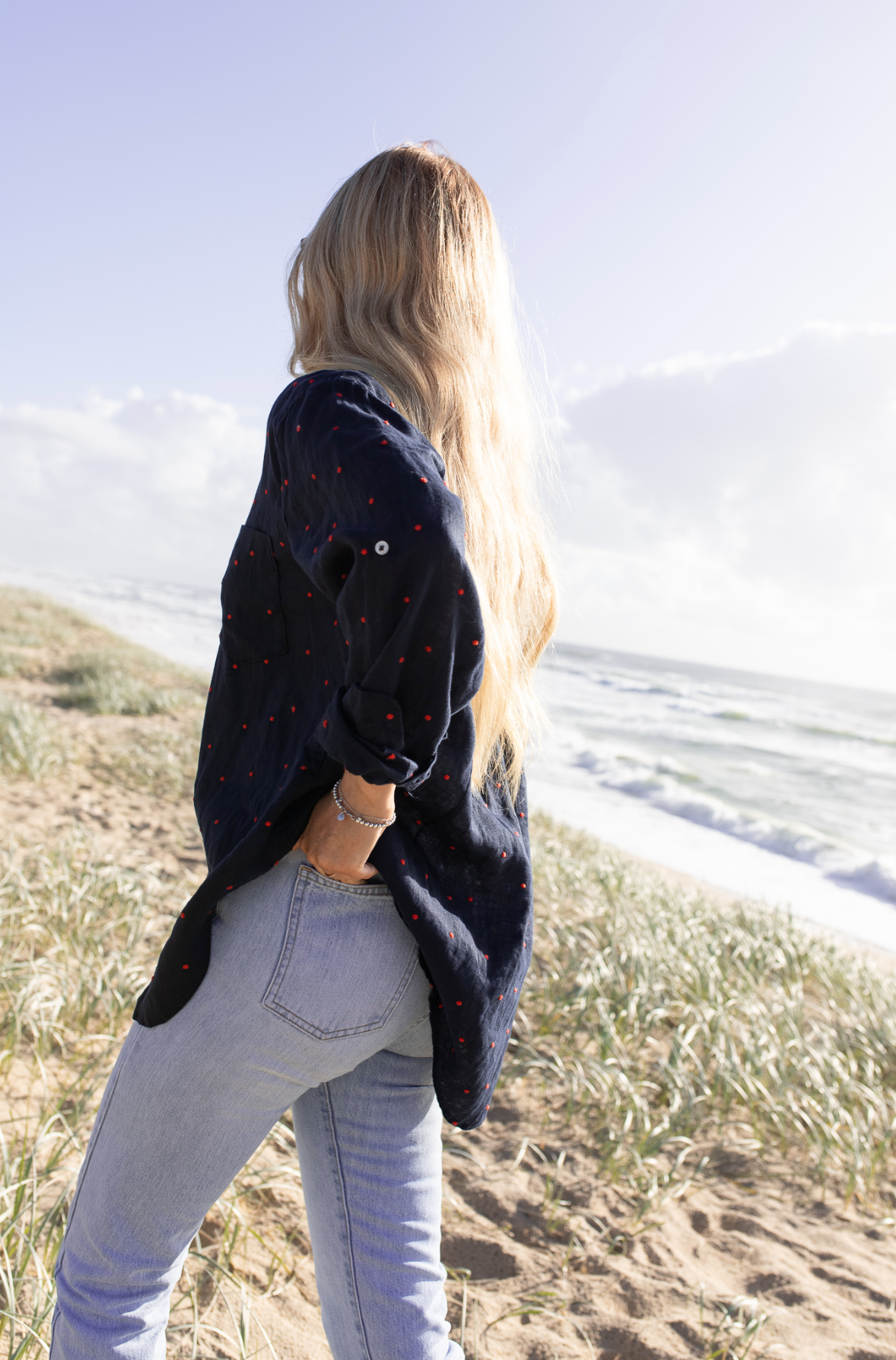 Navy and Red Dot Boyfriend Linen Shirt