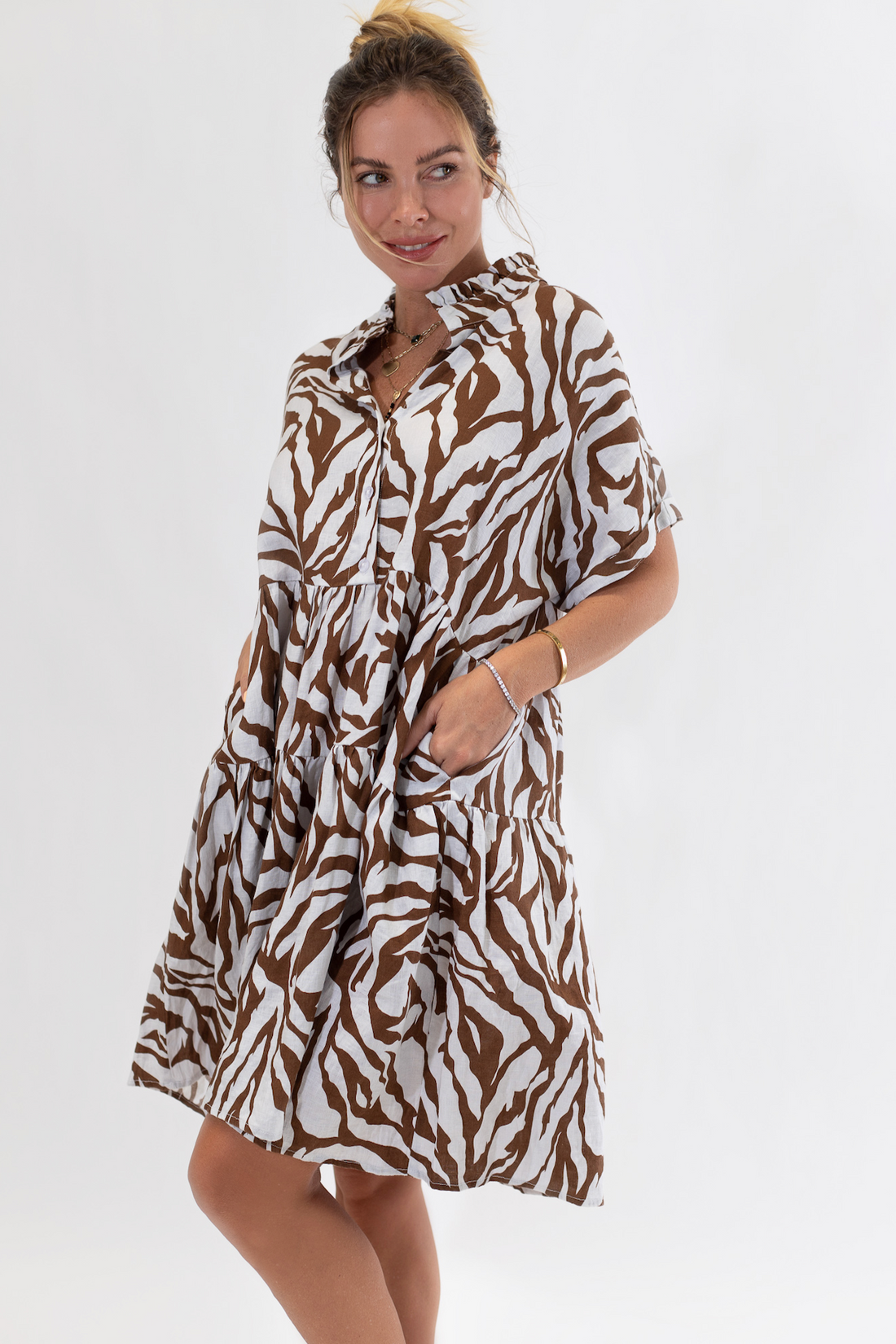 Cocoa and Stone Zebra Print Ruffle Neck Dress