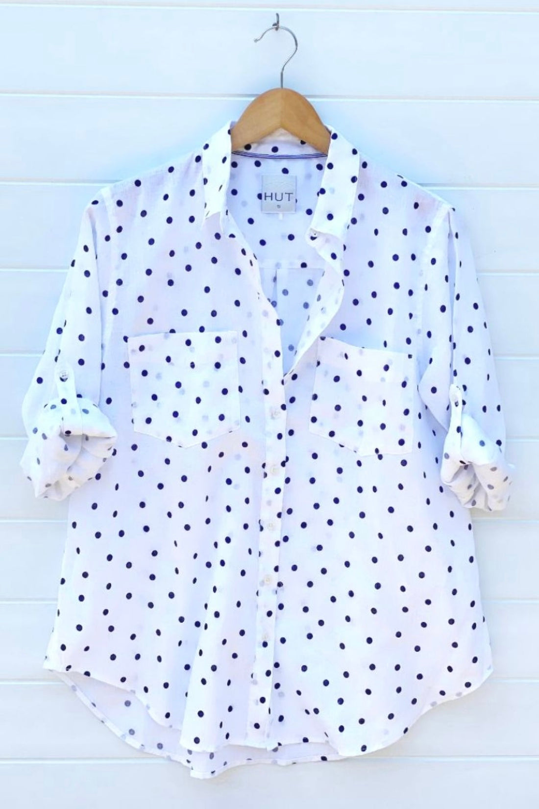 White with Navy Spot Boyfriend Linen Shirt