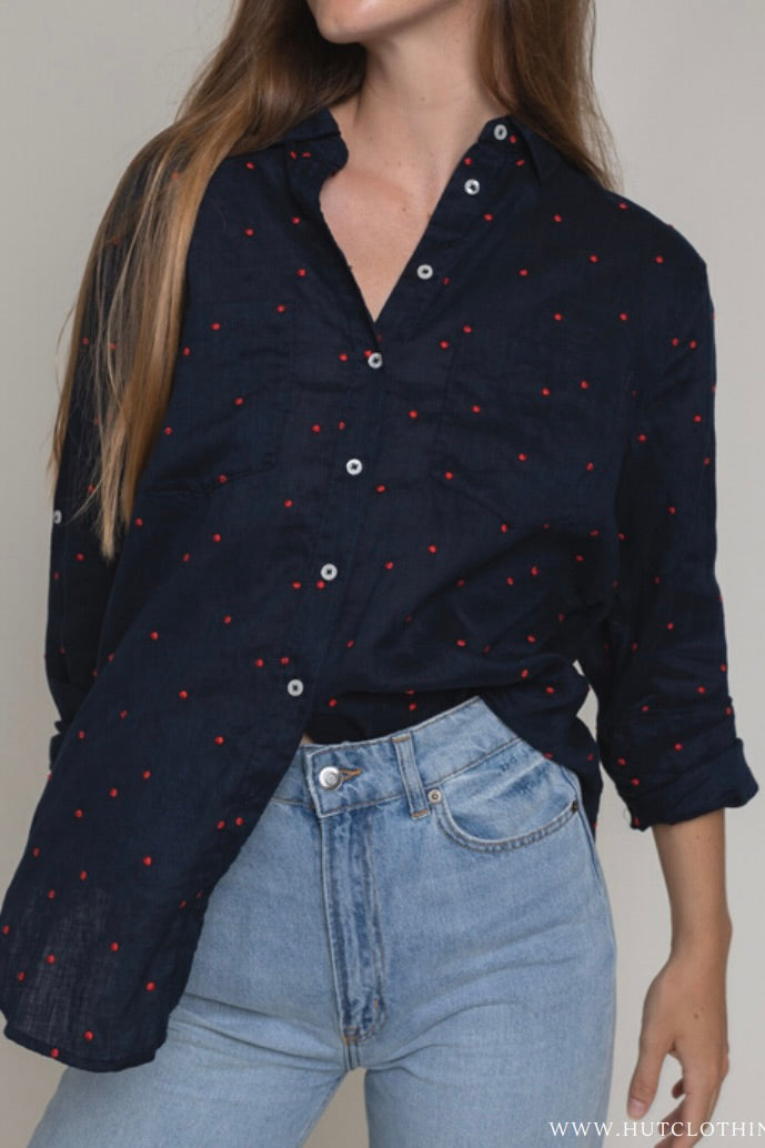 Navy and Red Dot Boyfriend Linen Shirt