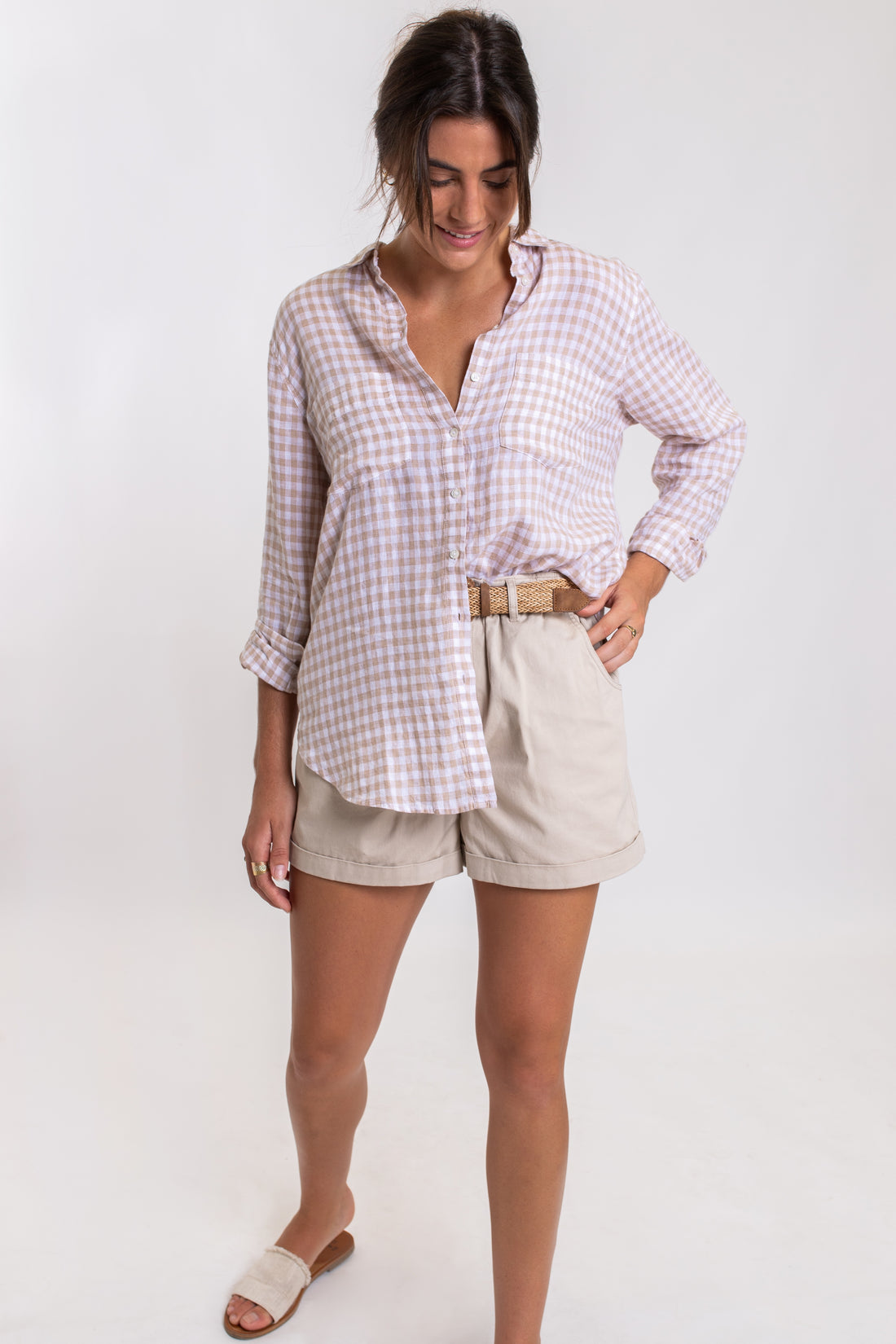 Taupe Gingham Boyfriend Linen Shirt